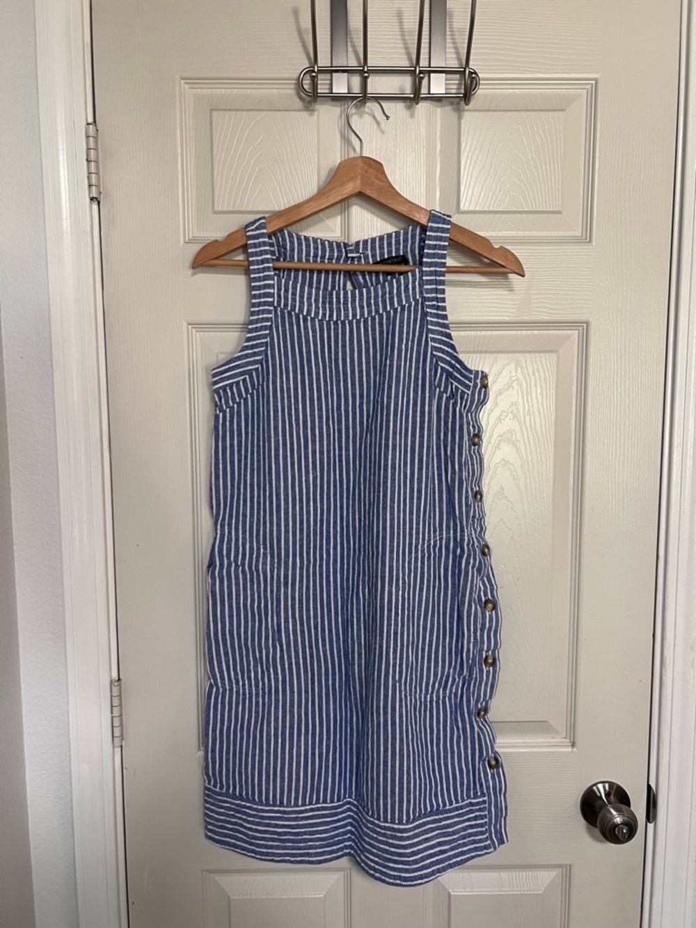 For Cynthia Women’s Blue White Stripe Linen Sleeveless Shift Dress Side Buttons - Picture 16 of 16